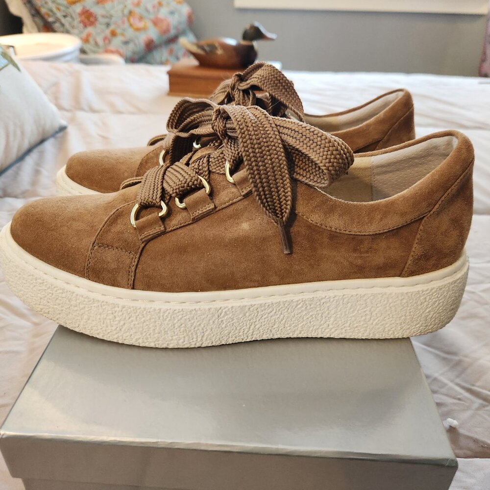 Vaneli Suede Platform Sneakers in Tan and White 9N